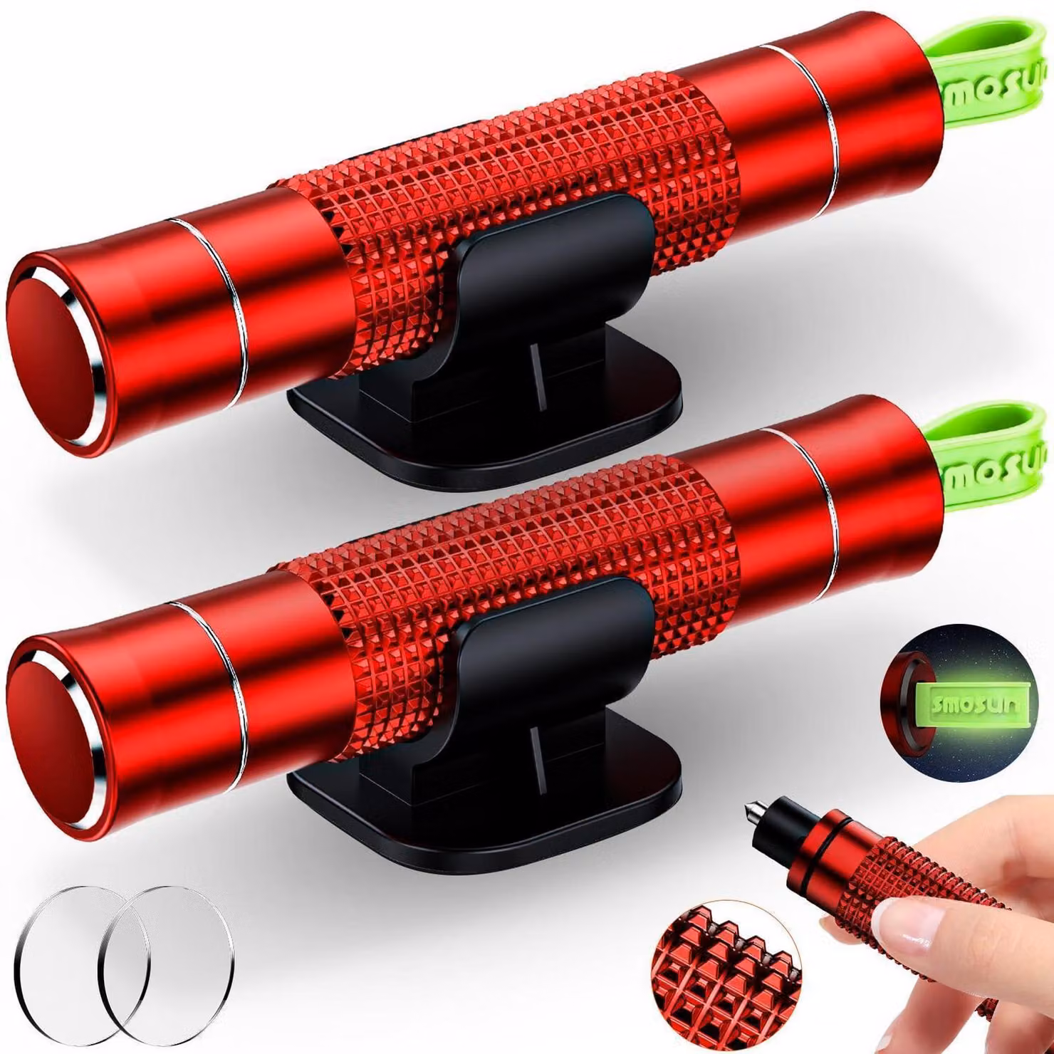 Martello di emergenza 2-in-1 con tagliacinture, colore rosso, confezione da 2 pezzi. Ideale per rompere finestre e vetri di auto
