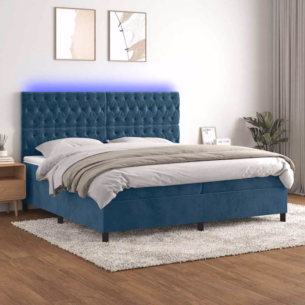 vidaXL Letto Ibrido con Materasso e Illuminazione LED Blu, Rivestimento in Velluto, L/P: 200 x 200 cm – 1
