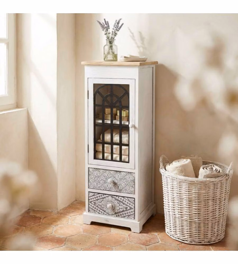 Cosma Mobiletto Vintage in Legno Bianco con 2 Cassetti e 1 Anta L/P/H: 32 x 29 x 88 cm
