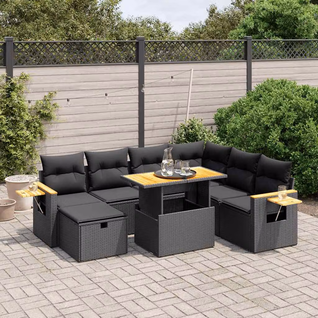 vidaXL Set Divani da Giardino 8 pz in Polyrattan Nero con Cuscini e Tavolino da Esterno – 1