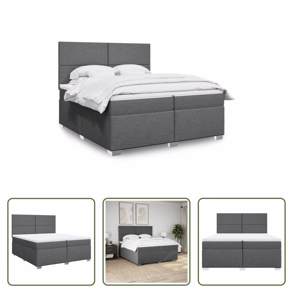 The Living Store Letto a molle con materasso grigio scuro 200x200 cm in tessuto