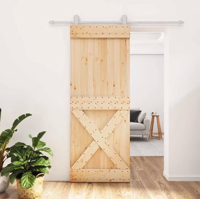 Porta scorrevole moderna vidaXL in legno di pino e metallo, colore bianco e naturale, L: 80 cm, H: 210 cm