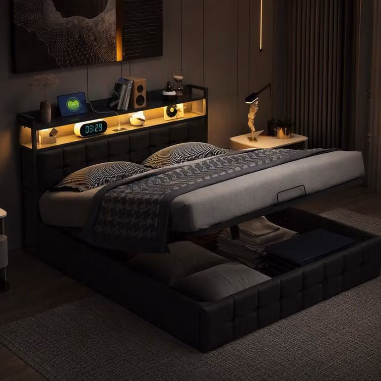 Letto imbottito UnboxG, 160x200 cm, con spazio contenitore e sistema di sollevamento a gas, illuminazione LED, testiera imbottita con spazio contenitore e stazione di ricarica USB, struttura del letto in ecopelle