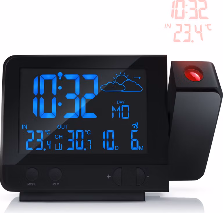 Stazione meteo Bearware con sensore esterno, stazione meteo radio, orologio radio DCF con display a proiezione, previsioni meteo
