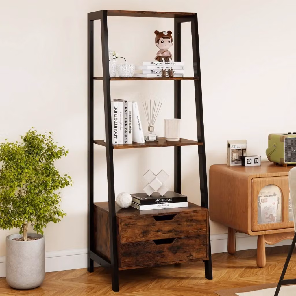 Libreria a scala moderna DESIGN IN con 4 ripiani aperti e 2 cassetti, struttura autoportante in legno e metallo, Marrone, Altezza: 134 cm – 2