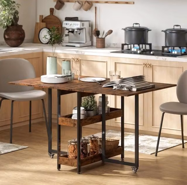 Tavolo da pranzo pieghevole ULEVR 133,4x80x75 cm con 2 vani aperti e ruote con freno, marrone