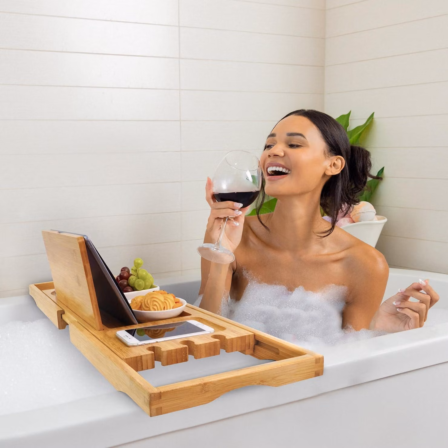 Tavolo regolabile per il bagno, in bambù, adatto per vasche da bagno, ideale per il relax