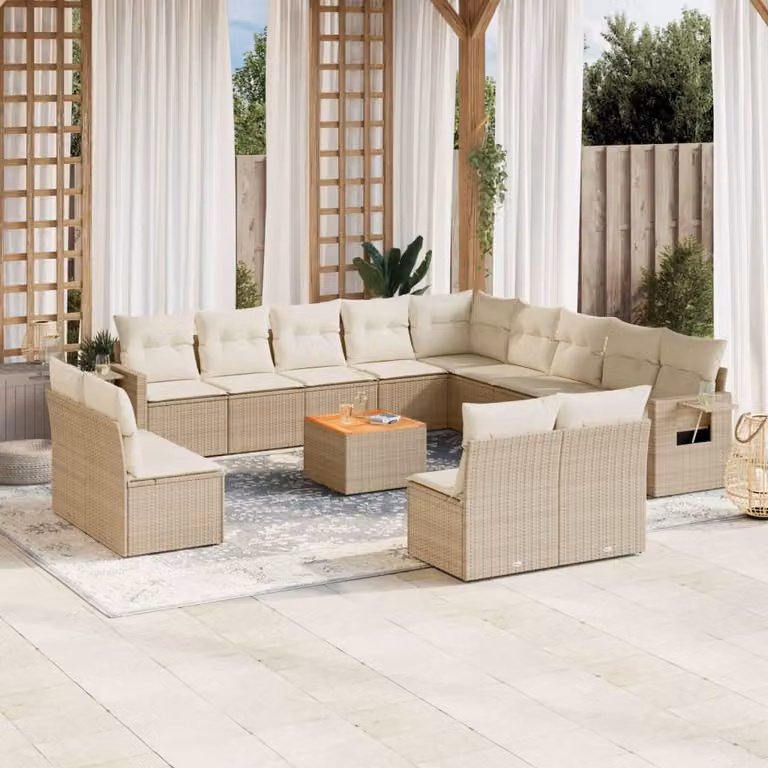 vidaXL Set Divani da Giardino a L in Polyrattan e Legno di Acacia Beige con Cuscini e Tavolino da Esterno