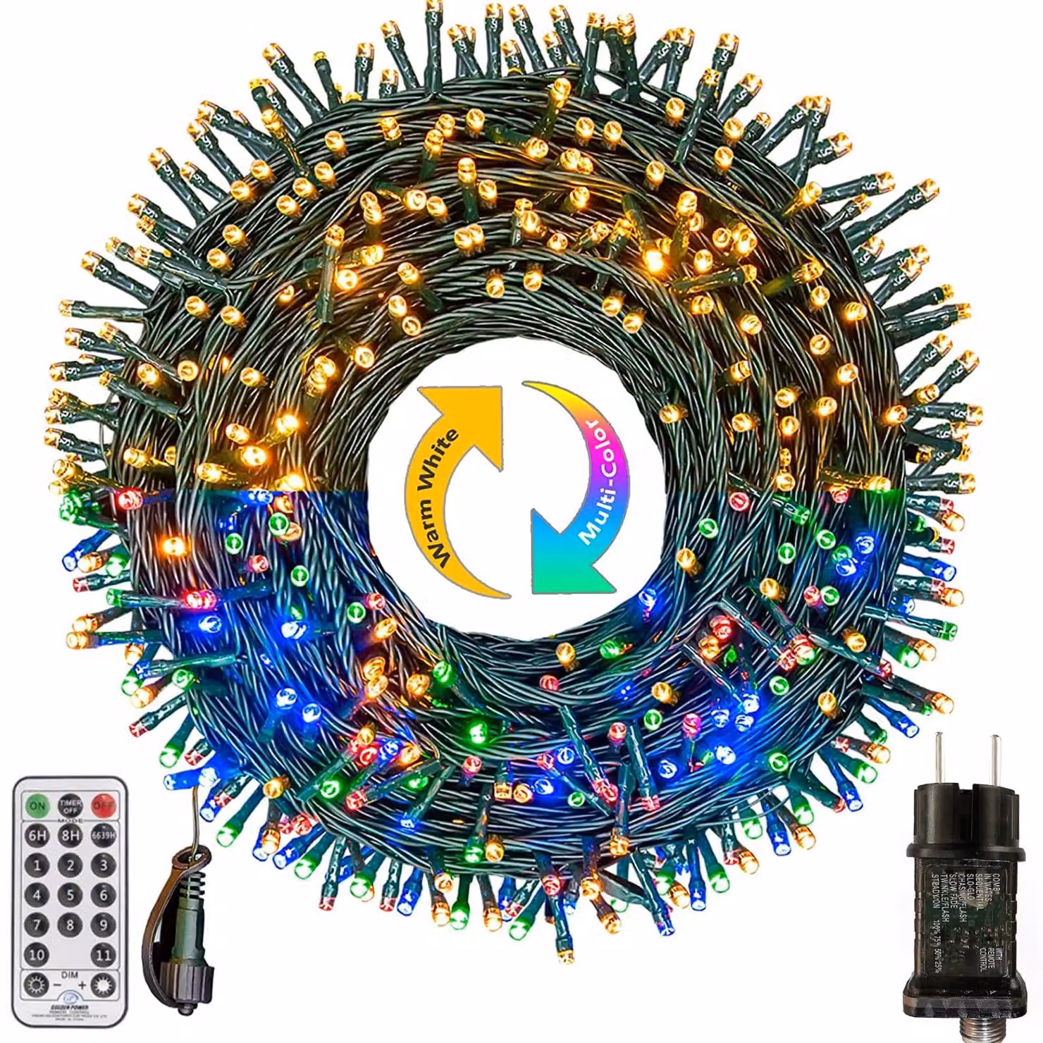Catena luminosa da 30 metri, con 300 LED, luce bianco caldo e colorata, telecomando, grado di protezione IP65