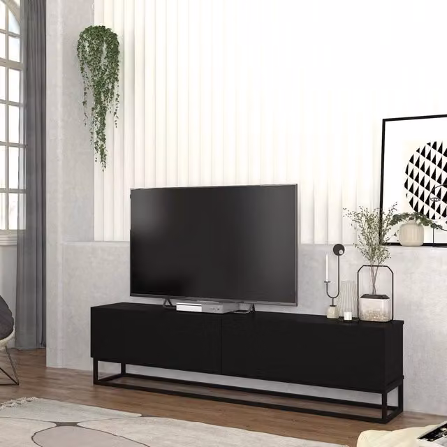 Mobile Porta TV Nolven a 2 Ante Ribalta e Telaio Lungo in Metallo 180x32x47 cm - Nero [en.casa]