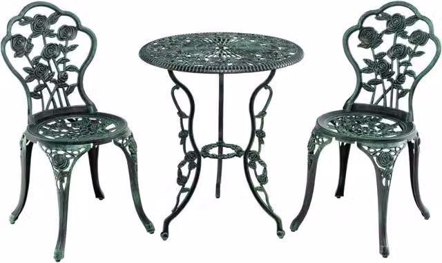 Set 3 pezzi da esterno in ghisa e alluminio, Tavolo con foro per ombrellone e 2 sedie da giardino Verde scuro-Set mobili da esterno