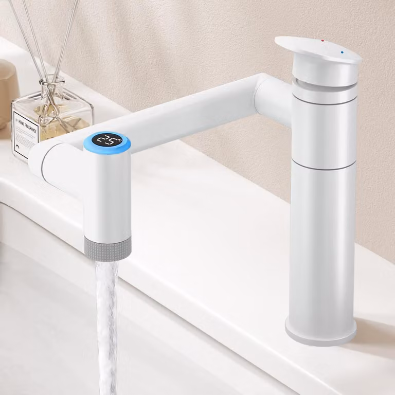 Miscelatore per lavabo, girevole a 1080°, regolabile in altezza, con indicatore di temperatura, 2 modalità d'acqua, colore bianco
