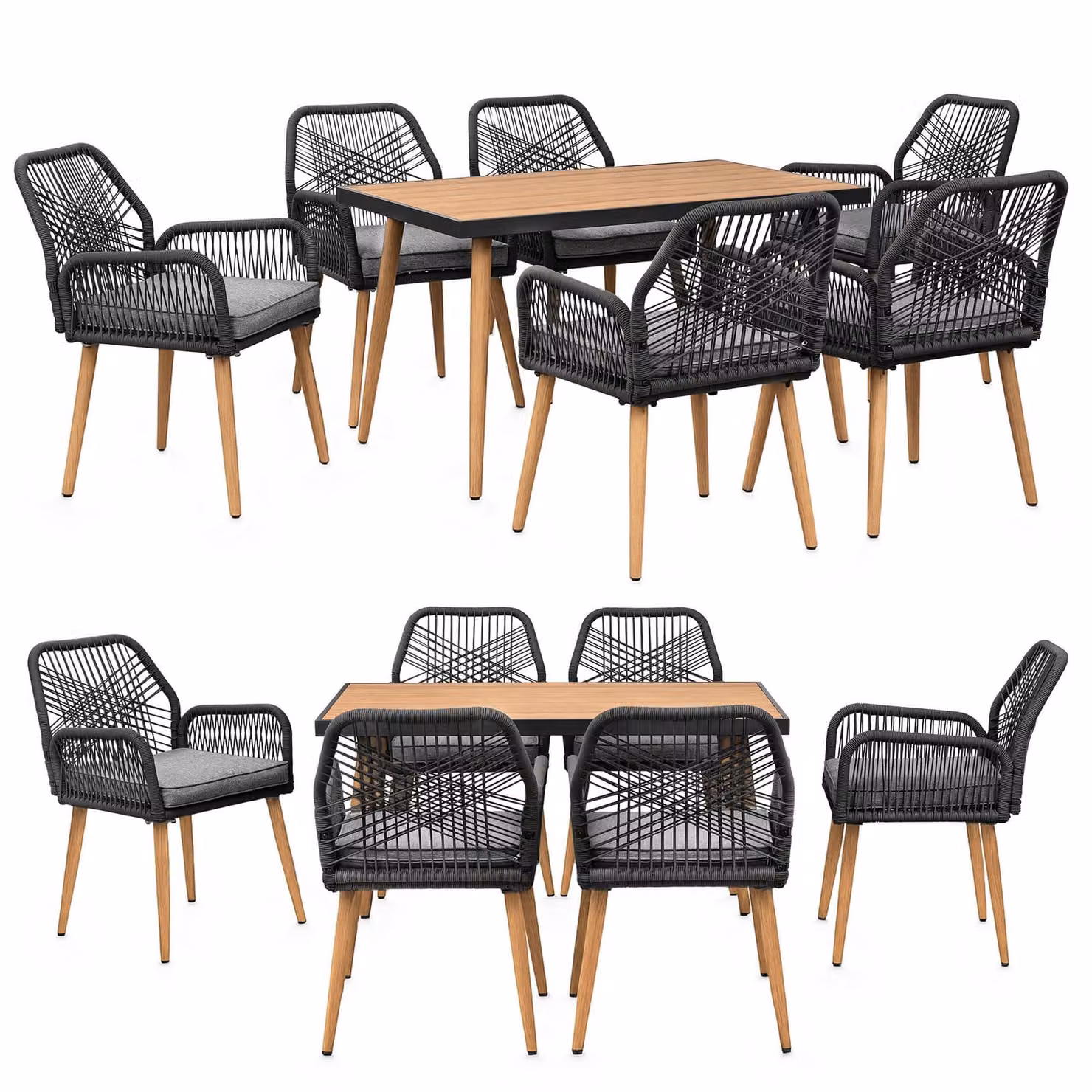 Gruppo da giardino con tavolo e 6 sedie - resistente alle intemperie - rete in corda - tavolo da pranzo in WPC - cuscini di seduta - gruppo da pranzo per esterni - antracite/legno