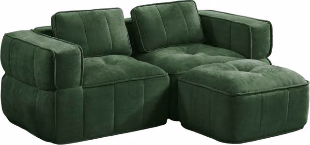 Divano angolare modulare moderno verde con pouf coordinato per soggiorno, seduta profonda in tessuto e schiuma, orientamento a sinistra, L/P/H: 198 x 67 x 67 cm – 1
