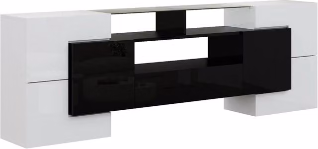 Mobile TV moderno nero e bianco lucido con illuminazione LED, 200x35x60 cm, per soggiorno