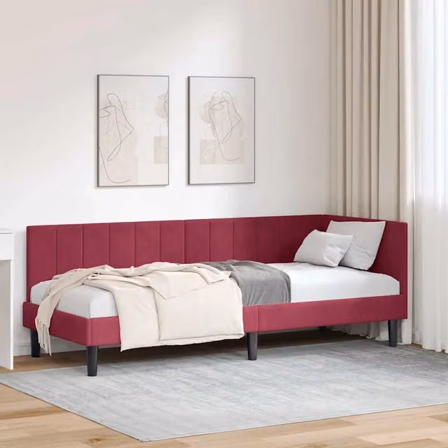 Letto ad angolo con chaise longue asimmetrica vidaXL in velluto rosso con cassetti L: 200 cm, P: 80 cm, H: 140 cm