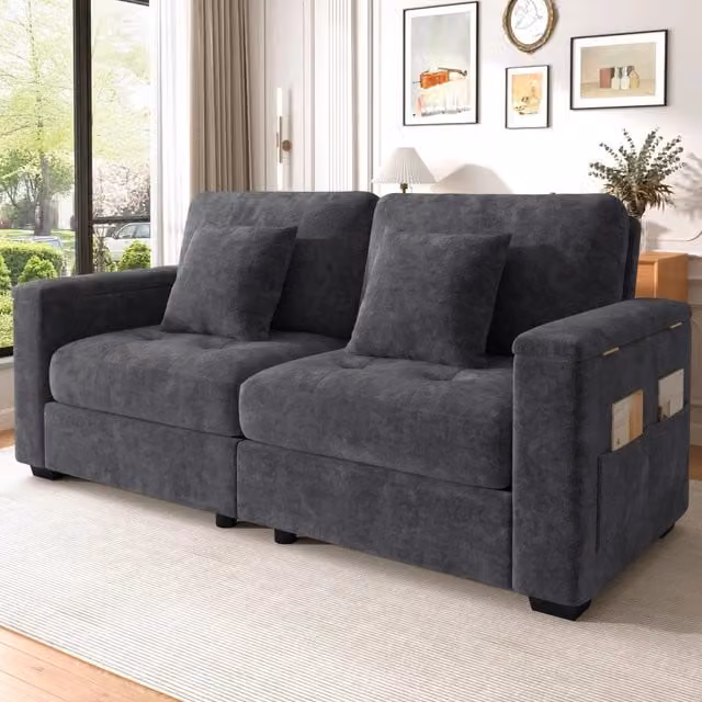 Divano a 2 posti MIVRAY moderno in velluto grigio con cuscini inclusi e struttura in legno massiccio L: 152,8 cm, P: 76 cm, H: 84 cm