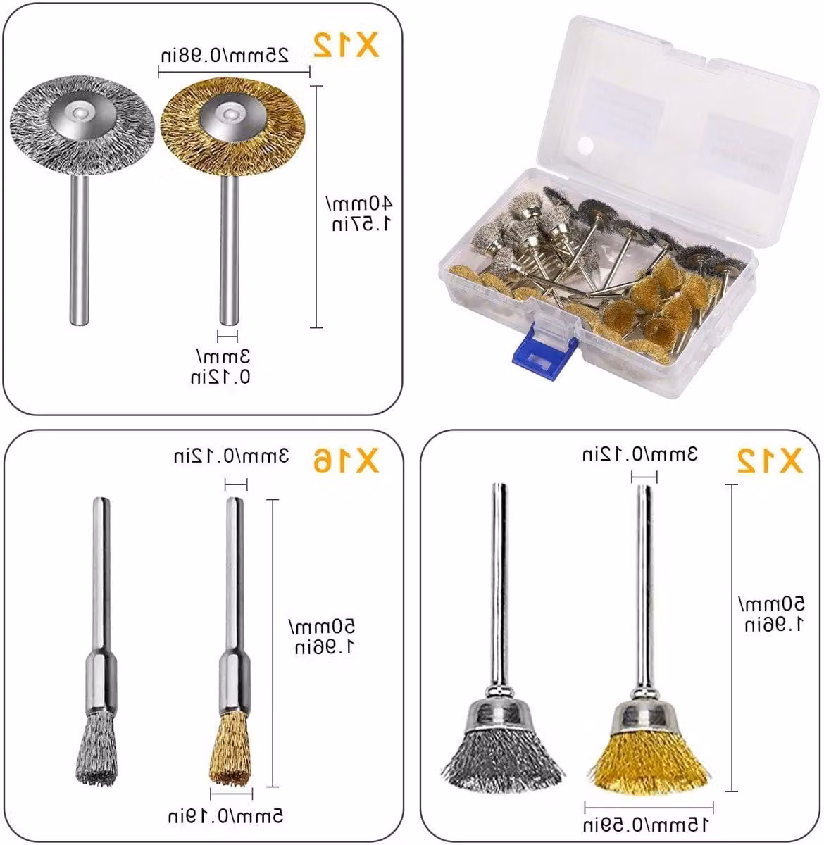 Kit completo con 40 spazzole metalliche per trapani: spazzole in acciaio, spazzole a disco e spazzole a punta, ideali per lucidare, smerigliare e pulire, con attacco da 3 mm