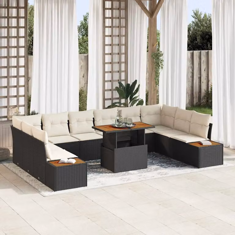 Set Divano da Giardino Moderno vidaXL in Rattan e Metallo, 11 Pezzi, Nero Opaco