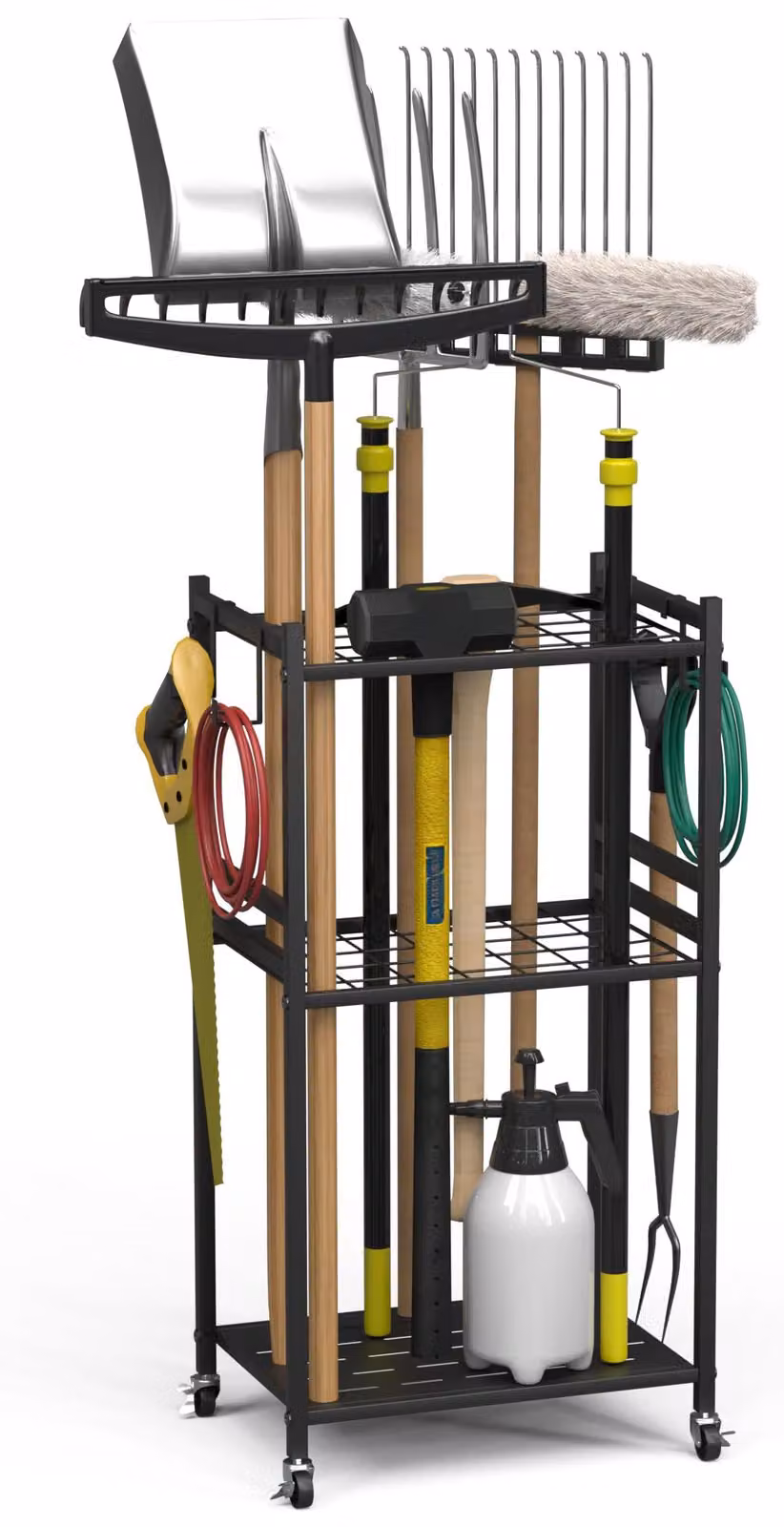 Porta attrezzi da giardino con 35 scomparti, 3 livelli, dimensioni 42x30x80 cm, realizzato in metallo, colore nero. Organizzatore per garage