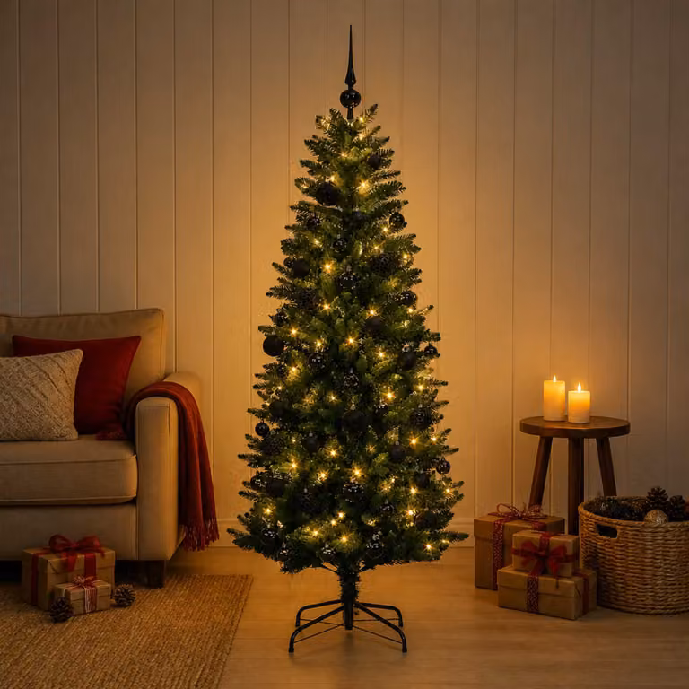 Albero di Natale artificiale verde vidaXL con 150 LED luce bianca calda e decorazioni a stringa, Altezza: 150 cm
