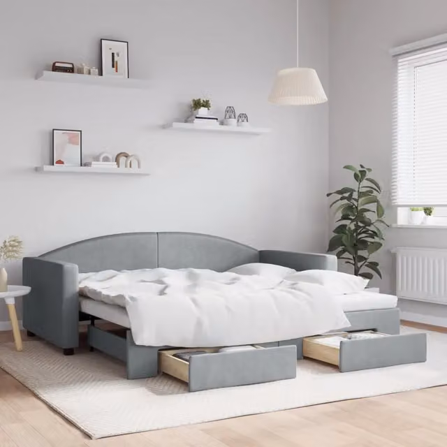 Divano Letto Estraibile Cassetti-Sofa Letto-Daybed Grigio Chiaro 90x190cm Tessuto 179944