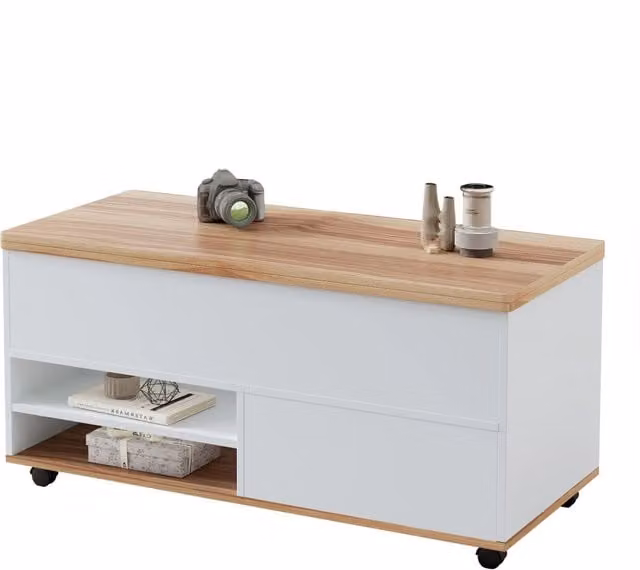 Tavolo da caffè REDOM sollevabile con ruote, bianco e legno, L/P/H: 98 x 100 x 65 cm