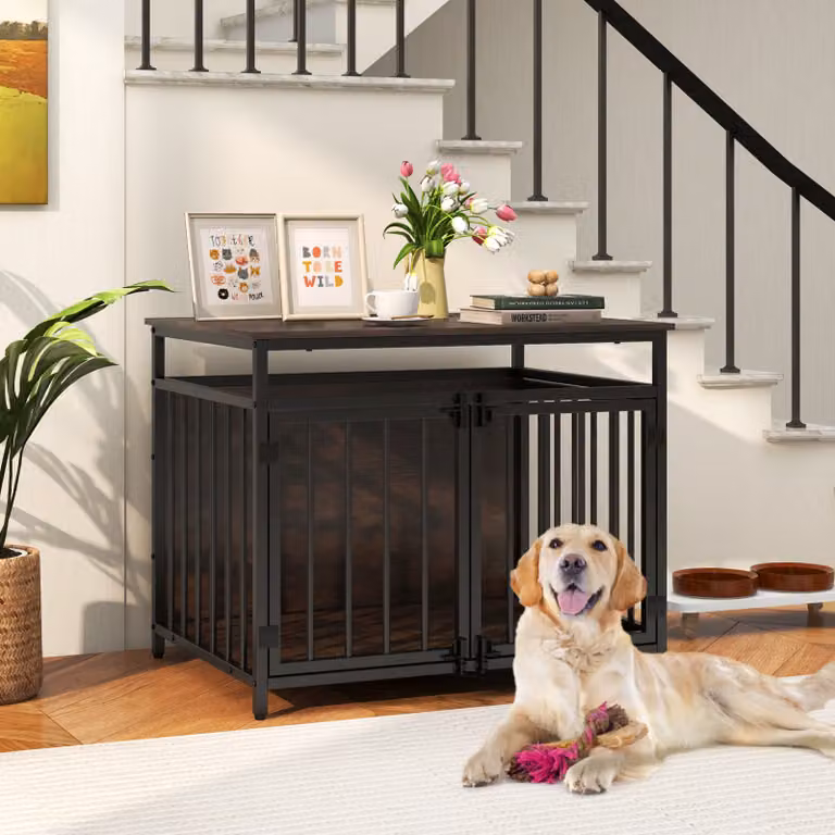 Cuccia per cani Costway in metallo con tetto e 3 porte, design rustico marrone per taglie piccole e medie