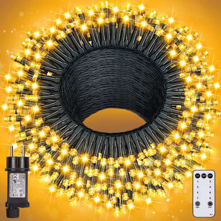 Catena luminosa a LED da 100 metri, luce bianco caldo, 8 modalità, con telecomando, grado di protezione IP65