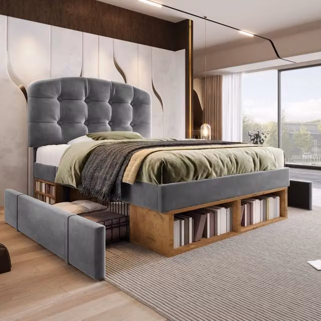 Letto singolo 90x200 cm, rivestito in velluto, testiera regolabile, 2 cassetti, grigio