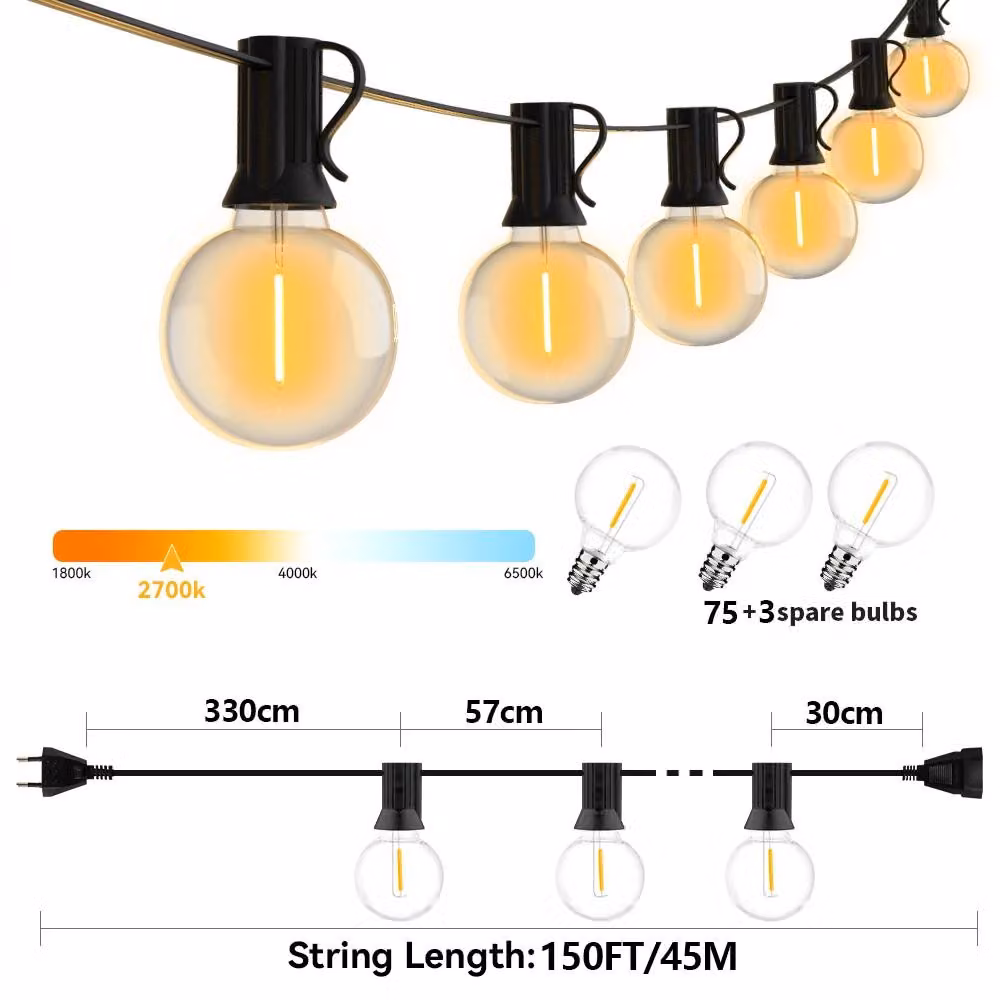 Catena luminosa da esterno - Catena LED G40 - 45,7 metri - 75 lampadine LED - Luce bianco caldo 2700 K - Lampadine a forma di sfera - Spina EU a 220V