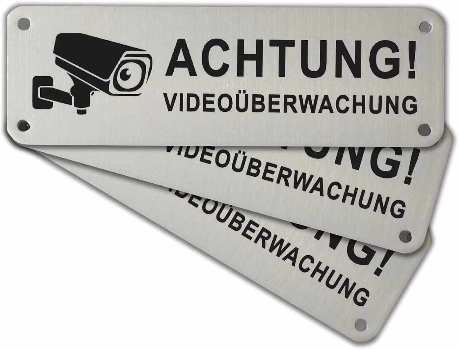 Segnali di videosorveglianza, in alluminio, 15 x 5 cm, confezione da 3 pezzi, autoadesivi e con fori per il fissaggio a parete, adatti per interni ed esterni