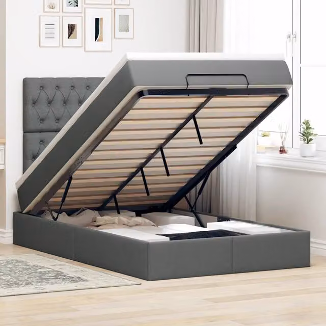 Letto Contenitore Moderno vidaXL con Base a Sollevamento in Tessuto Grigio e Bianco L/P/H: 200 x 120 x 45 cm