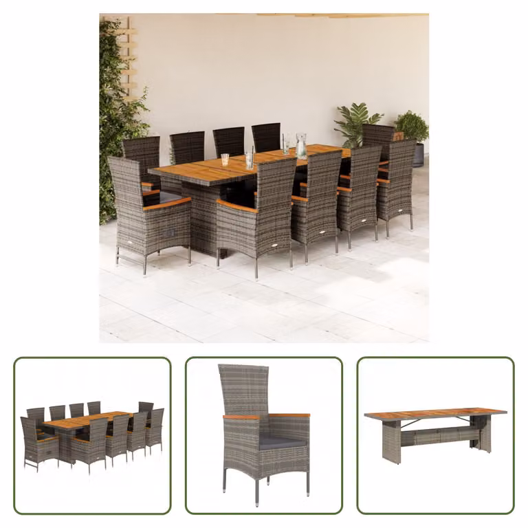 The Living Store Set da pranzo da giardino 11 pezzi con cuscini in poly rattan grigio