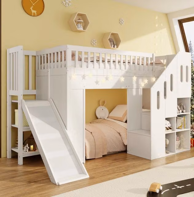 Letto a soppalco per bambini ULEVR 90x200 cm con scivolo, scala contenitore e striscia LED, bianco