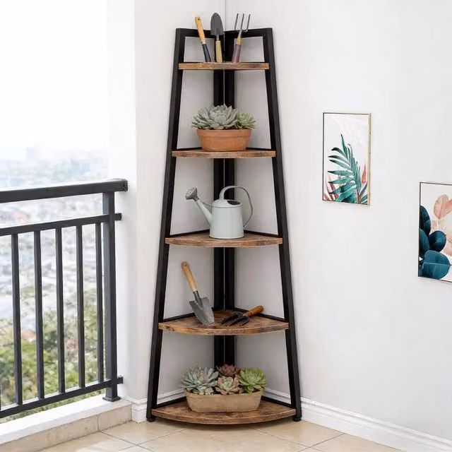 Scaffale angolare WISHDOR a 5 ripiani in metallo e legno, stile rustico, nero o marrone opaco