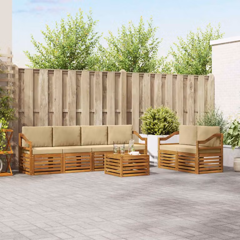 Set di divani da esterno vidaXL 7 pz in legno di acacia con forma a L e tavolino, colore beige e sabbia