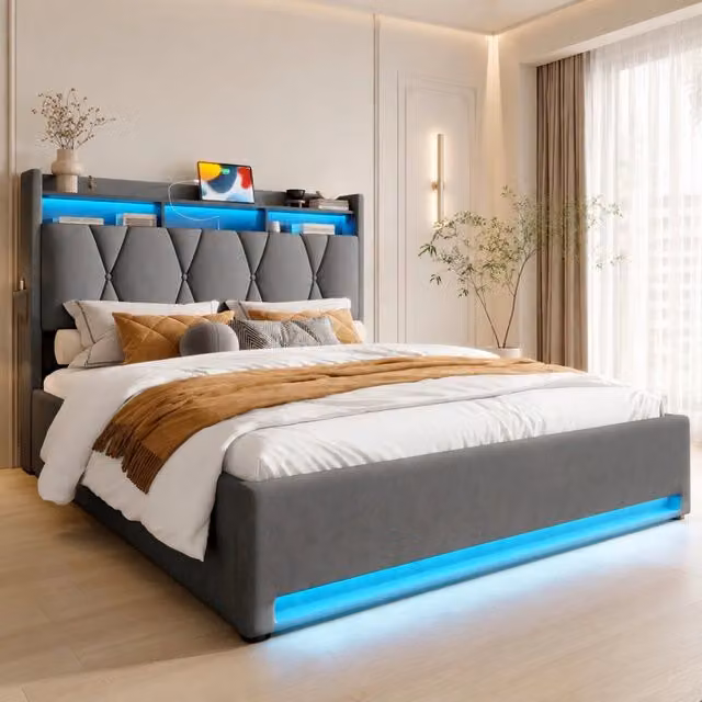 Letto imbottito MODFU in velluto grigio con contenitore, illuminazione LED e porta USB, L/P: 160 x 200 cm