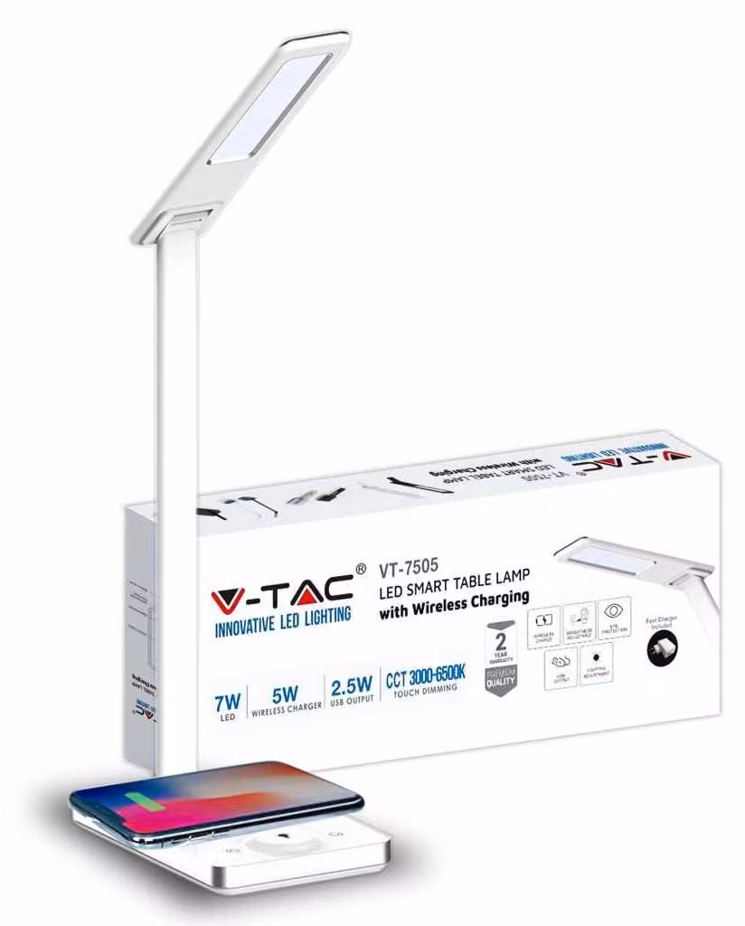 V-TAC VT-7505 Lampada da tavolo LED 7W touch cambia colore 3in1 dimmerabile con base ricarica wireless corpo bianco - SKU 218603