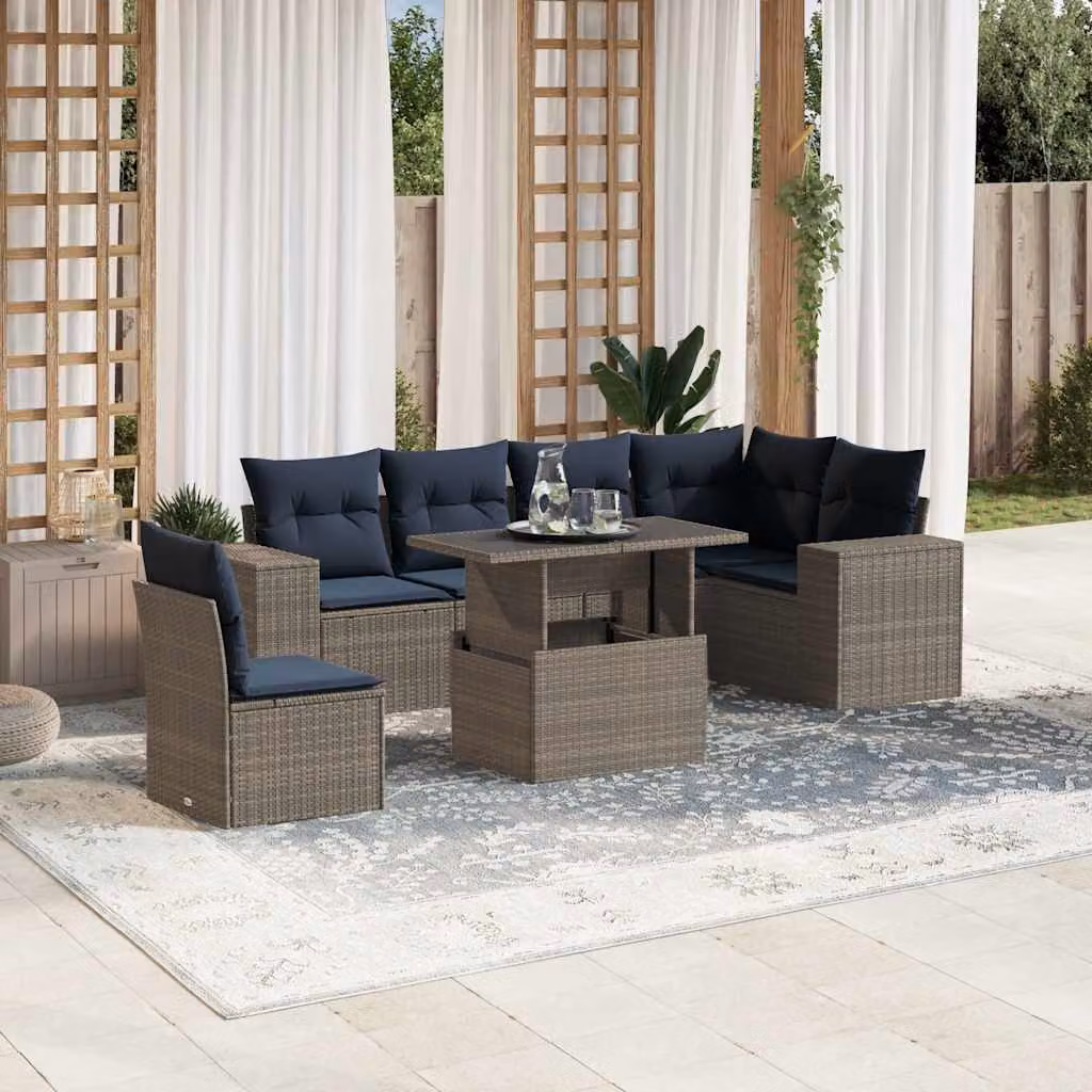 Set Divani da Giardino vidaXL 7 pz in Polyrattan con Cuscini e Tavolino, Design Moderno a L, Grigio e Blu