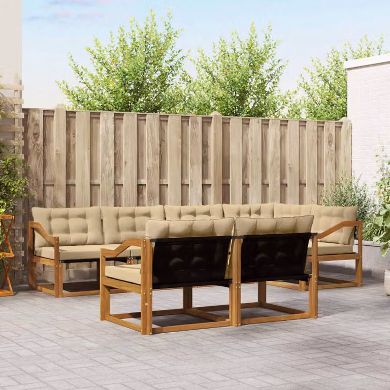 Set di divani da esterno a L vidaXL in legno di acacia con cuscini beige e marrone