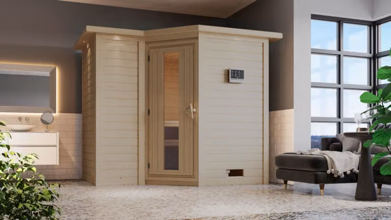 Cabina Karibu sauna interna Sahib Sauna interna 3 panche in legno con finitura naturale Cabina sauna Spessore parete: 40 mm Sauna a infrarossi
