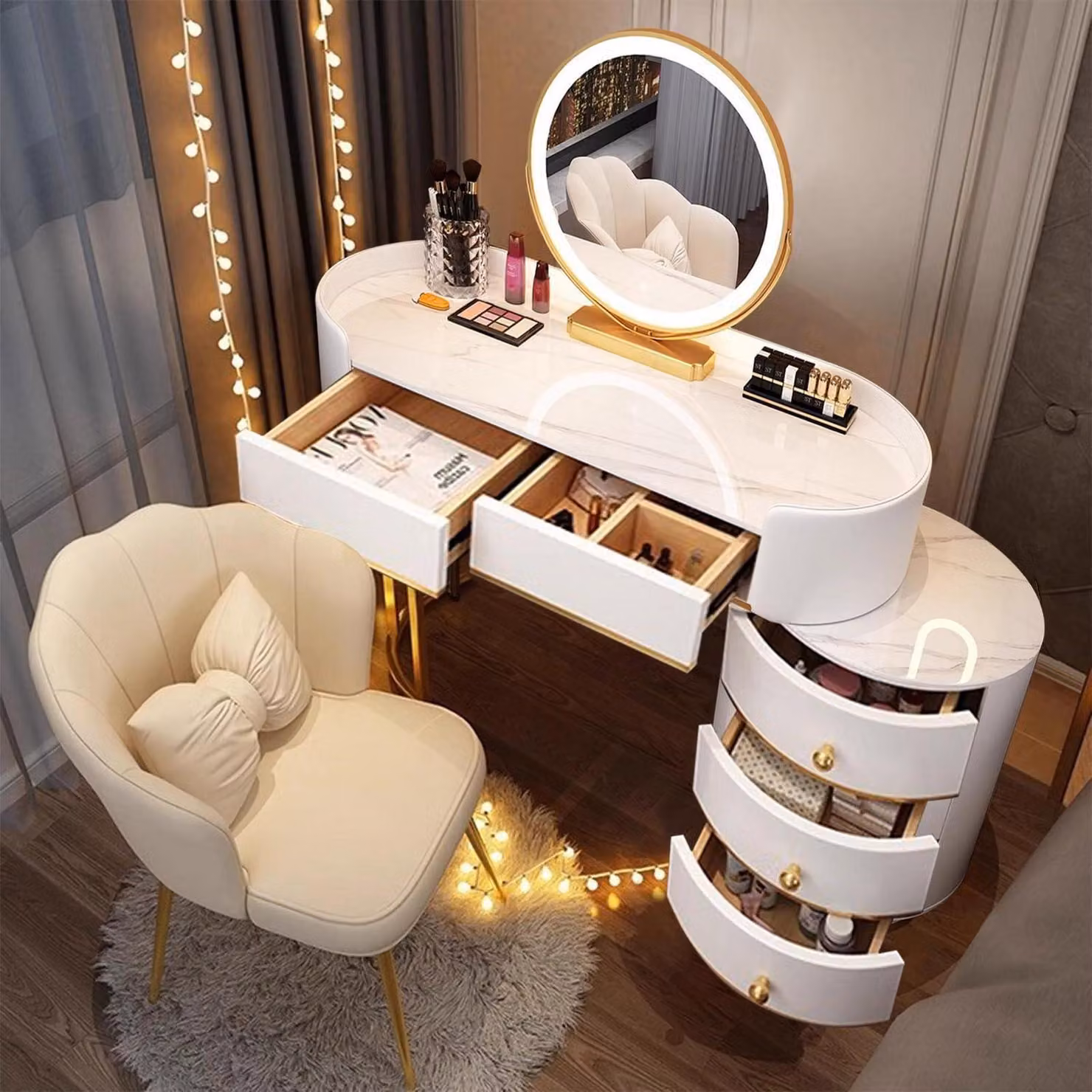 Set da trucco in legno massello con piano in granito e specchio, rivestito in velluto, pelle e metallo, con 5 cassetti, colore bianco, dimensioni 100 cm