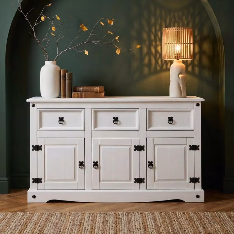Credenza RURAL in stile Messico in pino massiccio verniciato bianco con 3 cassetti e 3 ante