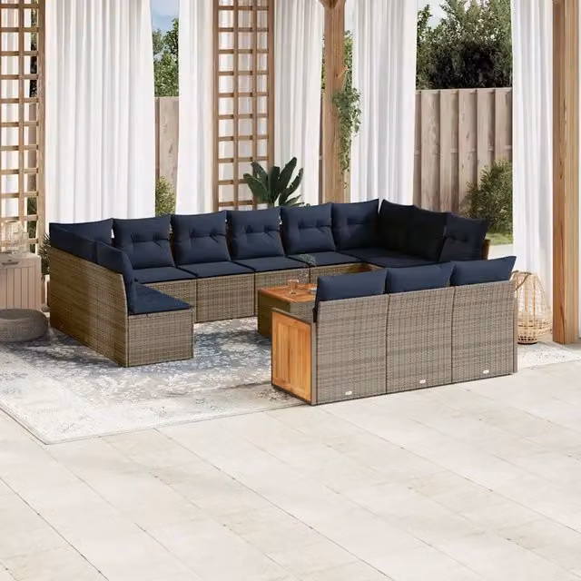 Set di Divani da Giardino a Forma di U vidaXL con Cuscini e Tavolino da Caffè, Polyrattan e Legno di Acacia, Grigio e Blu