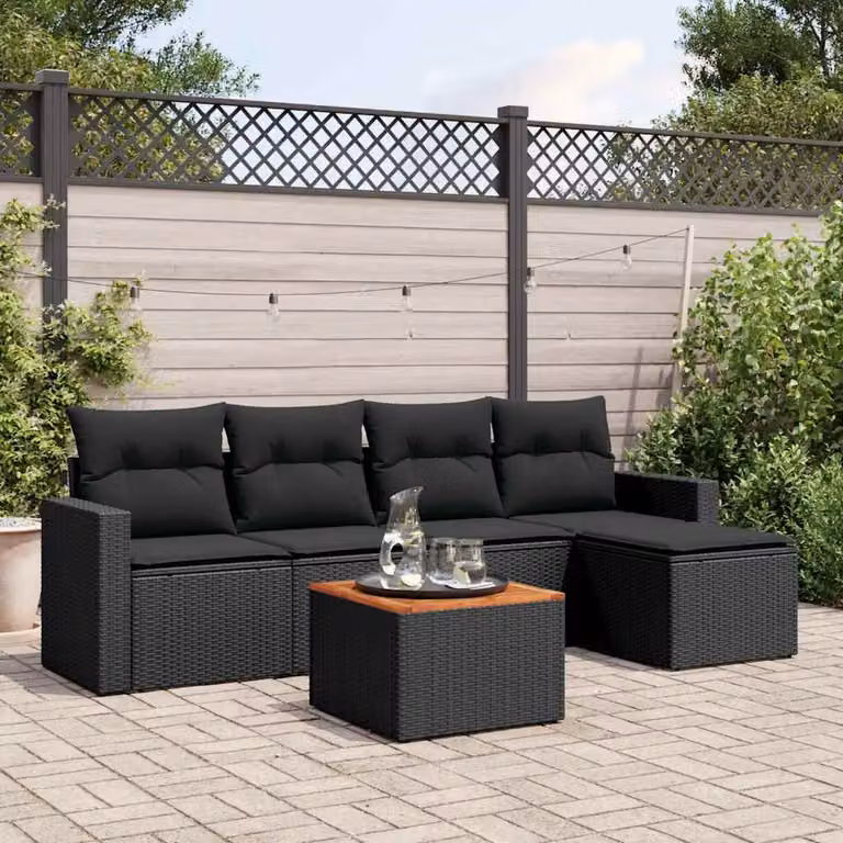 Set Divano da Giardino vidaXL 6 pz a Forma a L in Polyrattan Nero con Cuscini e Tavolino