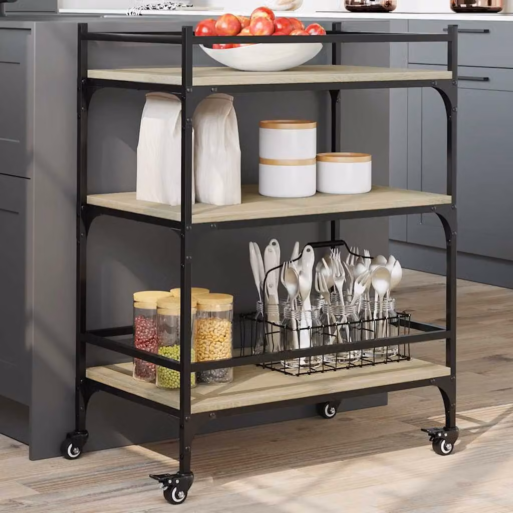 vidaXL Carrello da Cucina in Legno Rovere Sonoma e Metallo, Stile Industrial, L 65 cm x P 40 cm x H 86,5 cm