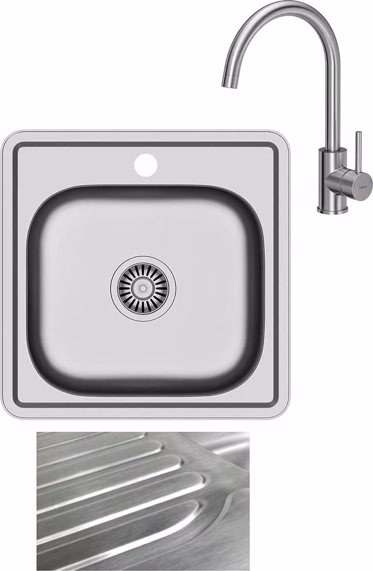 VBChome Lavello da incasso con rubinetto 48x48 Struttura satinata da 45 cm Mobile sottolavello Lavello da cucina in acciaio inox Lavello Piano di appoggio Gocciolatoio Angolare Set di scarico da campeggio Sifone Rubinetto Inox Acciaio inox