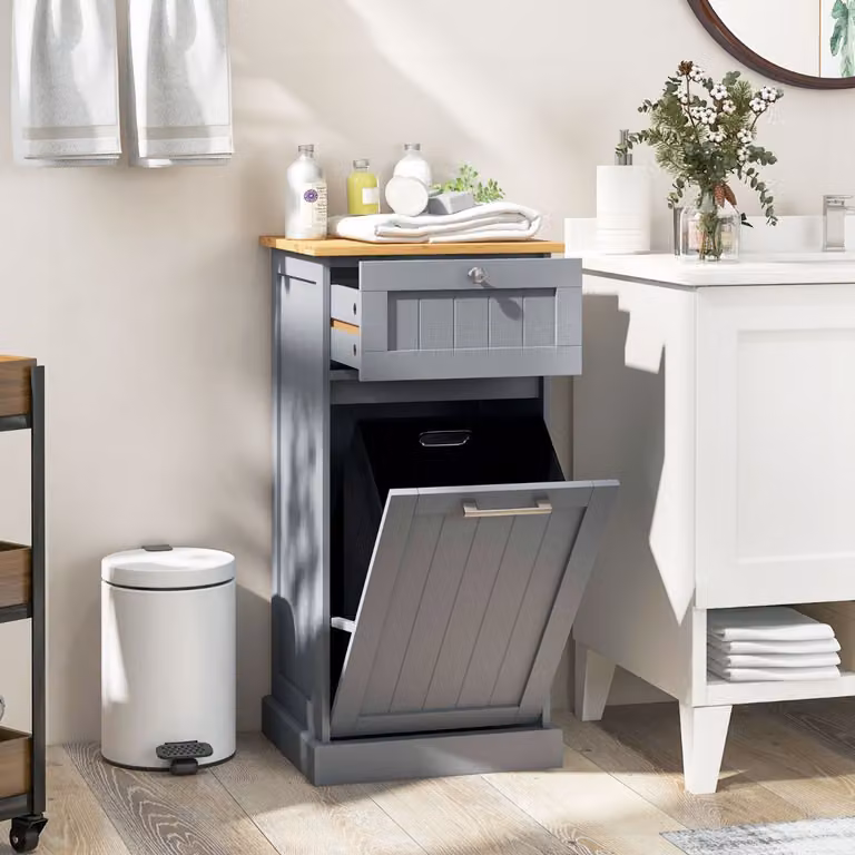 Mobiletto per lavanderia Costway con cesto per biancheria a ribalta e cassetto, Grigio, L: 40 cm, P: 37 cm, H: 82 cm