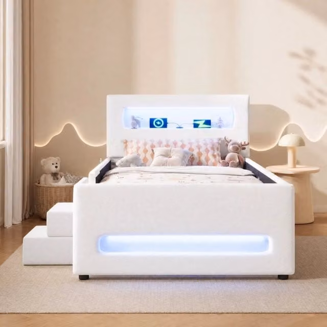 Letto Mivray imbottito con cassetti e illuminazione LED regolabile tramite app, porta USB, colore bianco, L/P/H: 90 x 200 x 97 cm